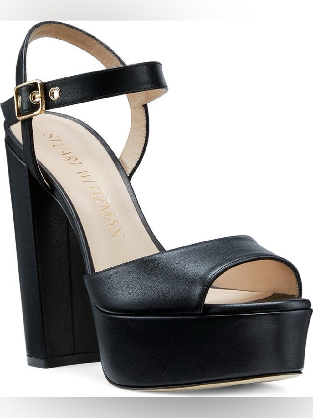 BRAND NEW Stuart Weitzman Black Leather Ryder 95 Platform Sandals Size 9 Medium - Picture 2 of 7